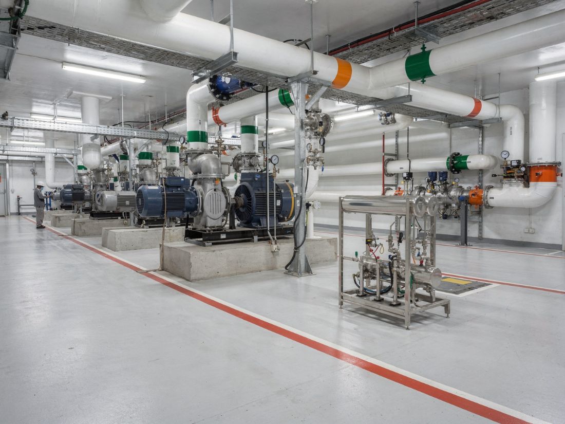Chilled water piping in a data centre plant room
